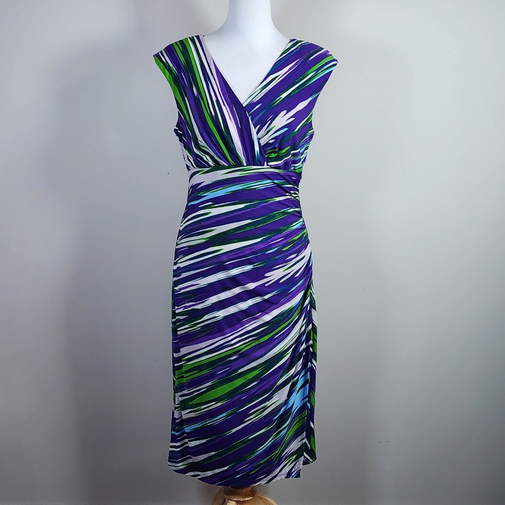 London Times Sheath Dress Womens 8 Purple Abstract Surplice Ruched Vintage 80s